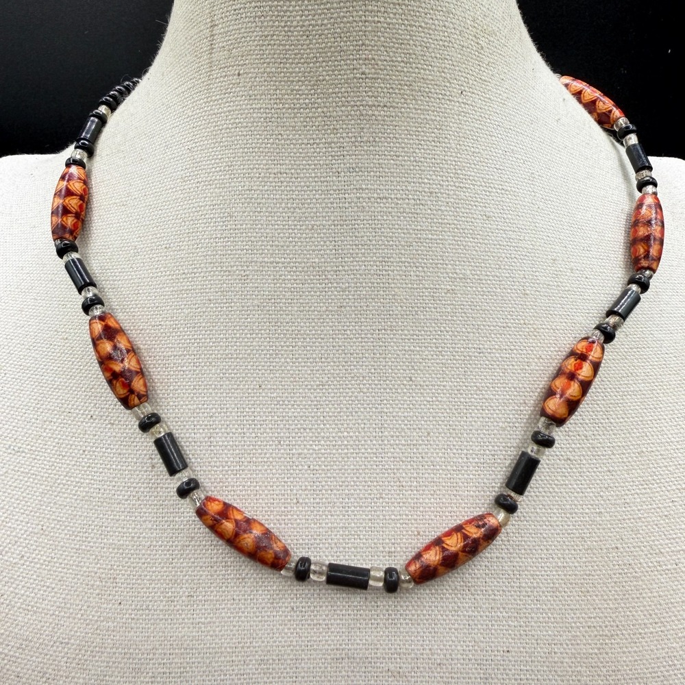 Patterned Orange Black Barrel Bead Necklace Boho Tribal Vintage Artisan Gift